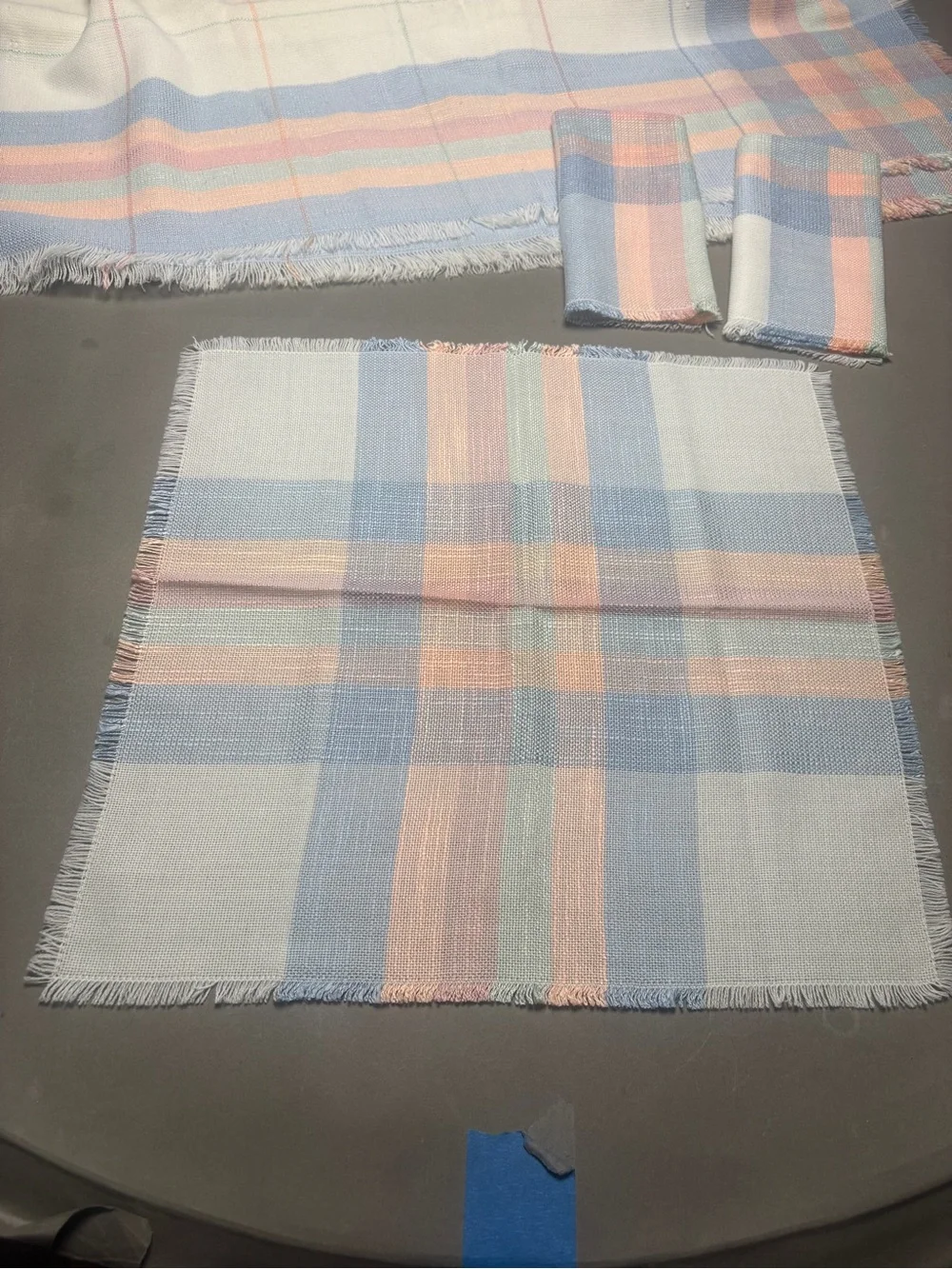 Pastel Plaid Cotton Table Cloth and Napkin Set - White, Light Blue, Pink 50x68in